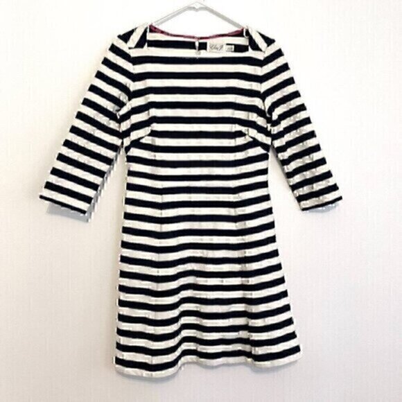 ELIZA J Navy Blue White Striped Square Neck 3/4 Sleeve Mini Fit & Flare Dress 8 - Picture 1 of 12
